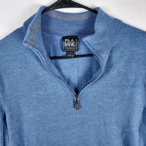 Jos A Bank Traveler Pullover Sweater L Blue 100% Merino Wool Quarter Zip - Picture 3 of 10